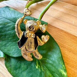Vintage Gold Tone Teddy Bear Brooch Rhinestones And Black Vest And Hearts